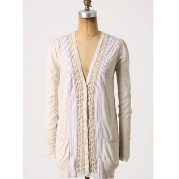 ANTHROPOLOGIE Field & Flower oatmeal ivory‎ borders bf lace cardigan S - Picture 1 of 9